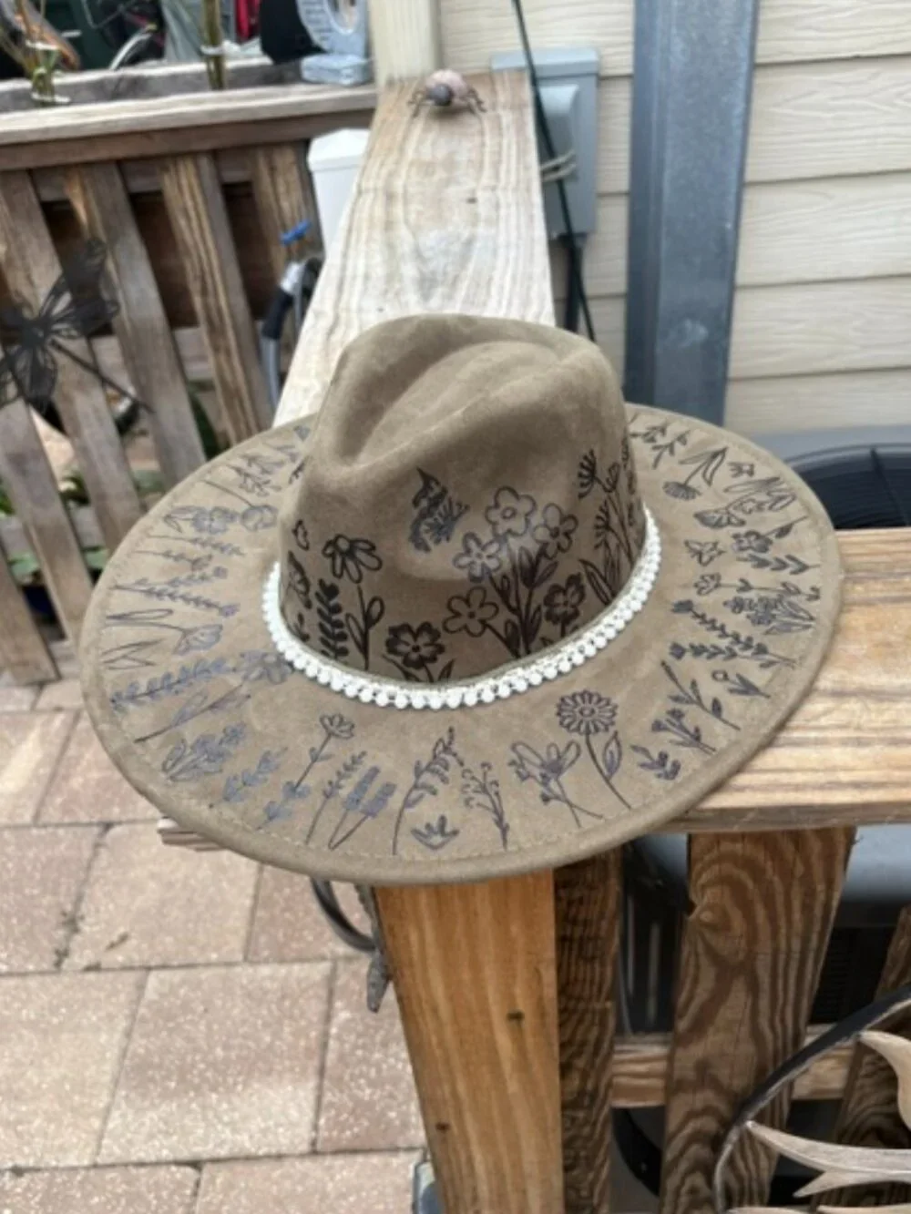 Hand‑Drawn Floral Suede Western Hat with Lace Band
